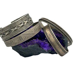 Lot of 4 Vintage Tribal Silver Tone Cuff Bracelets Boho, Ethnic, Adjustable